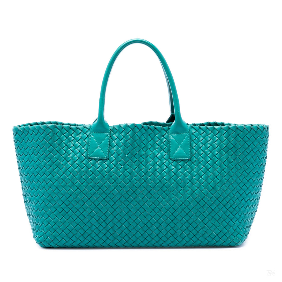 Second hand Bottega Veneta Cabat Medium Leather Intrecciato Tote Handbag Blue - Tabita Bags