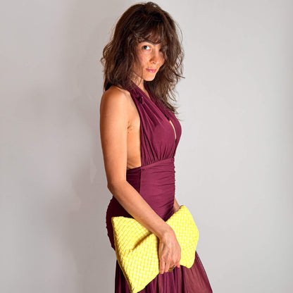 Second hand Bottega Veneta Crisscross Nappa Leather Intrecciato Clutch With Chain Bag Yellow - Tabita Bags