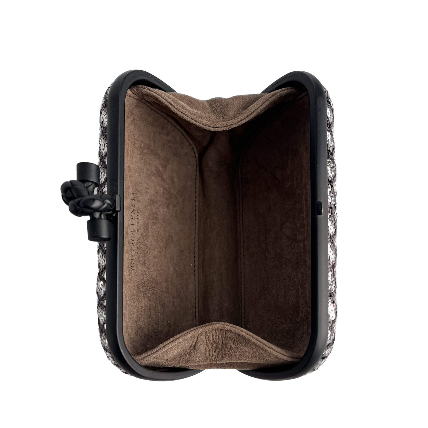 Second hand Bottega Veneta Knot Leather & Sequin Minauderie Clutch Bicolor - Tabita Bags