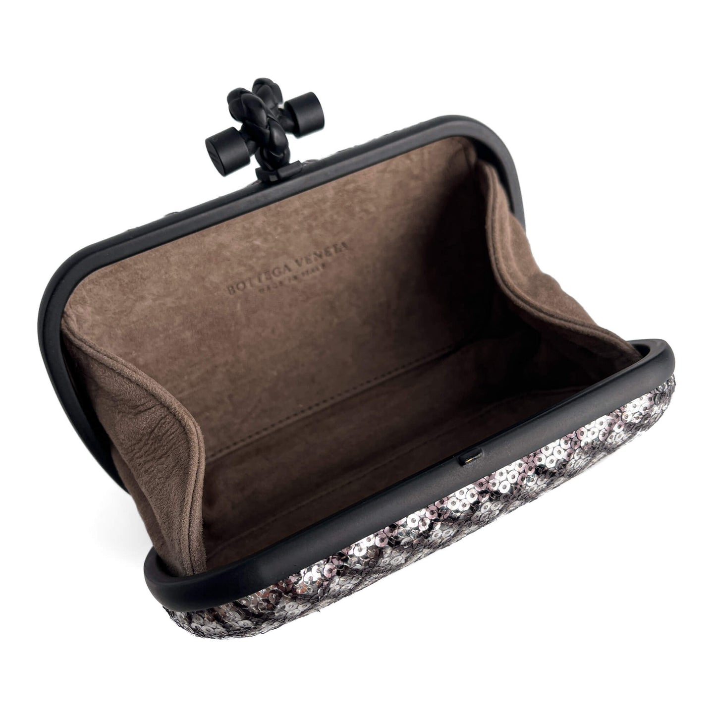 Second hand Bottega Veneta Knot Leather & Sequin Minauderie Clutch Bicolor - Tabita Bags