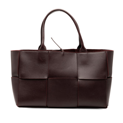 Second hand Bottega Veneta The Arco Medium Leather Maxi Intrecciato Tote Shoulder Bag Red - Tabita Bags