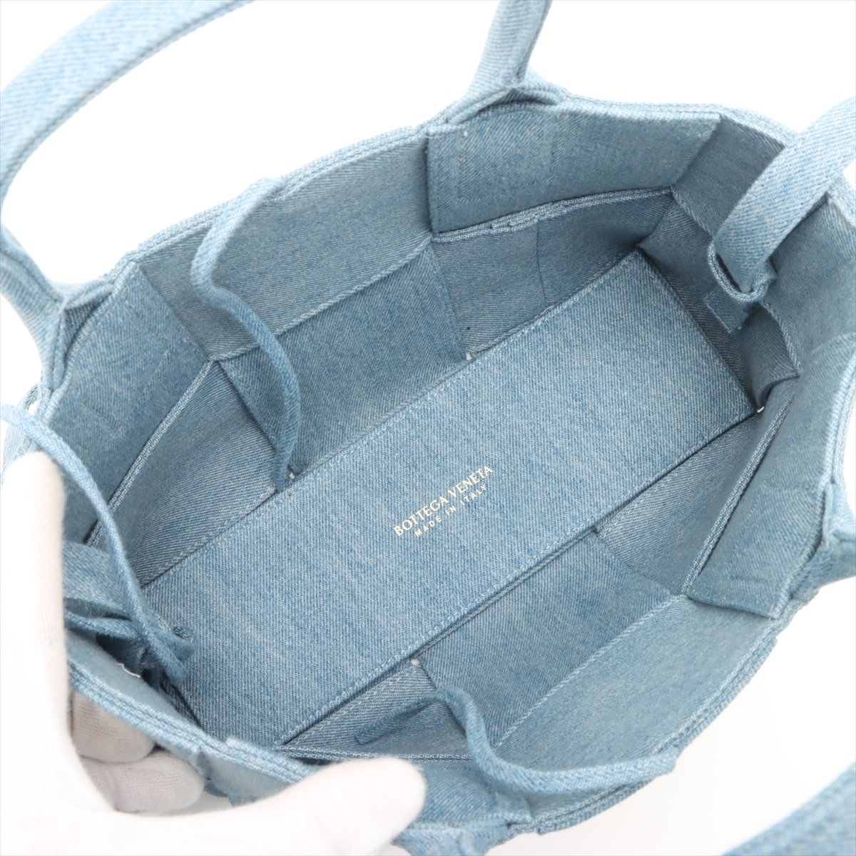 Second hand Bottega Veneta The Arco Mini Denim Maxi Intrecciato Tote Shoulder Bag - Tabita Bags