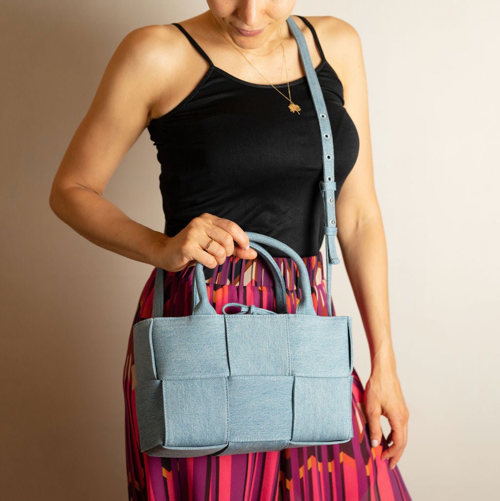 Second hand Bottega Veneta The Arco Mini Denim Maxi Intrecciato Tote Shoulder Bag - Tabita Bags