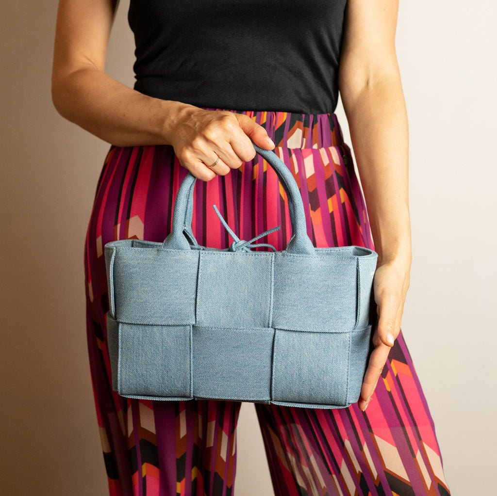 Second hand Bottega Veneta The Arco Mini Denim Maxi Intrecciato Tote Shoulder Bag - Tabita Bags