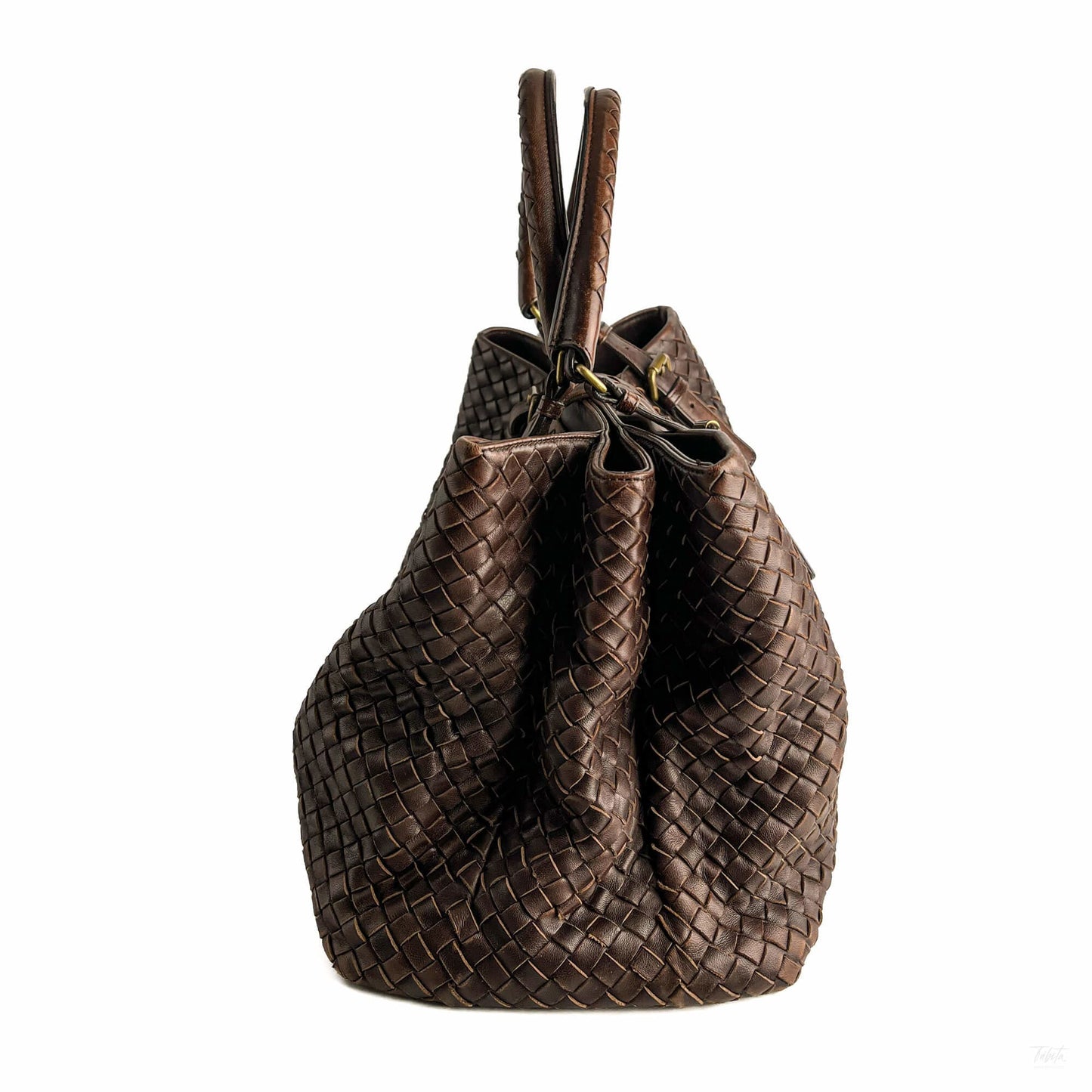 Second hand Bottega Veneta Tote Medium Nappa Leather Intrecciato Shoulder Bag Brown - Tabita Bags