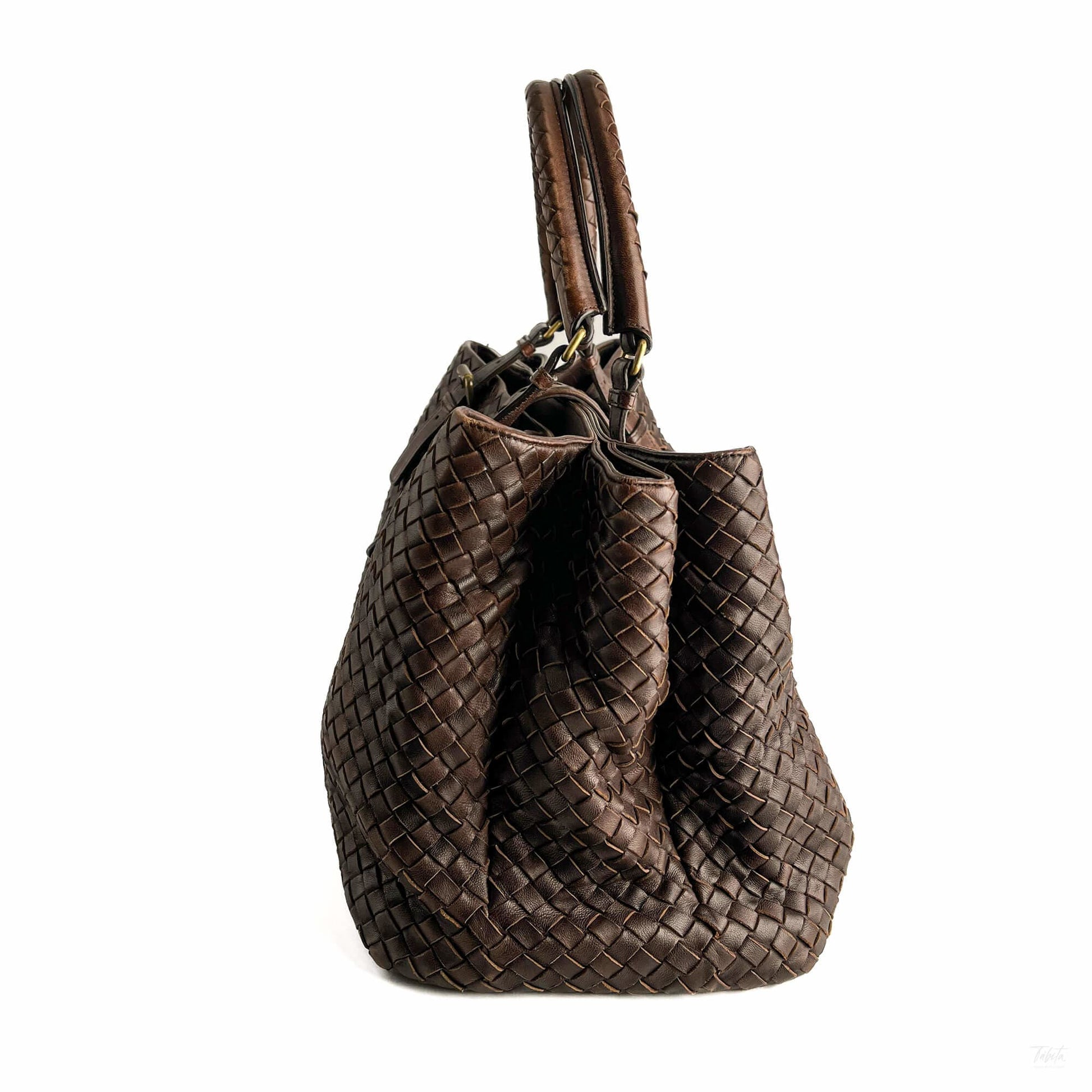 Second hand Bottega Veneta Tote Medium Nappa Leather Intrecciato Shoulder Bag Brown - Tabita Bags