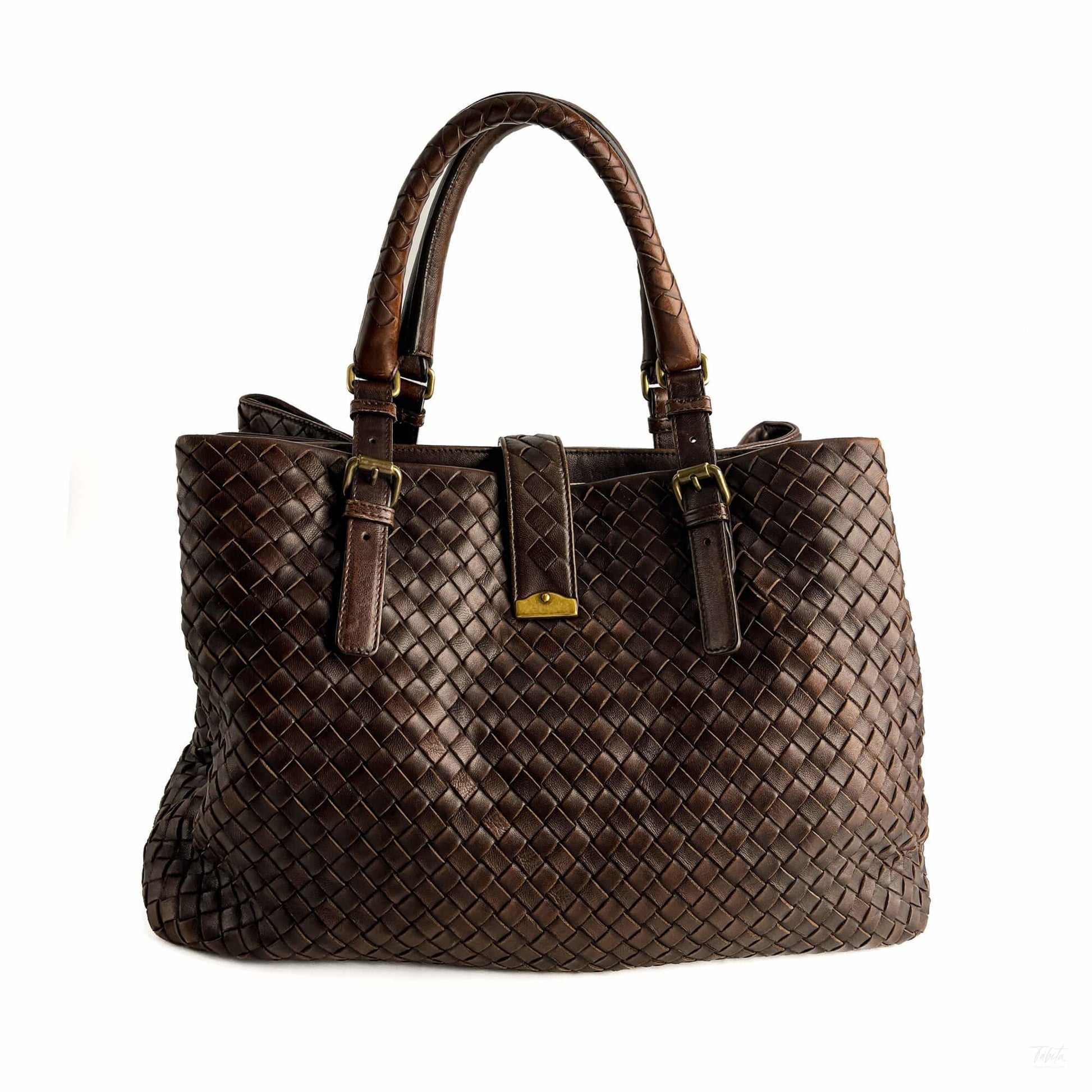 Second hand Bottega Veneta Tote Medium Nappa Leather Intrecciato Shoulder Bag Brown - Tabita Bags