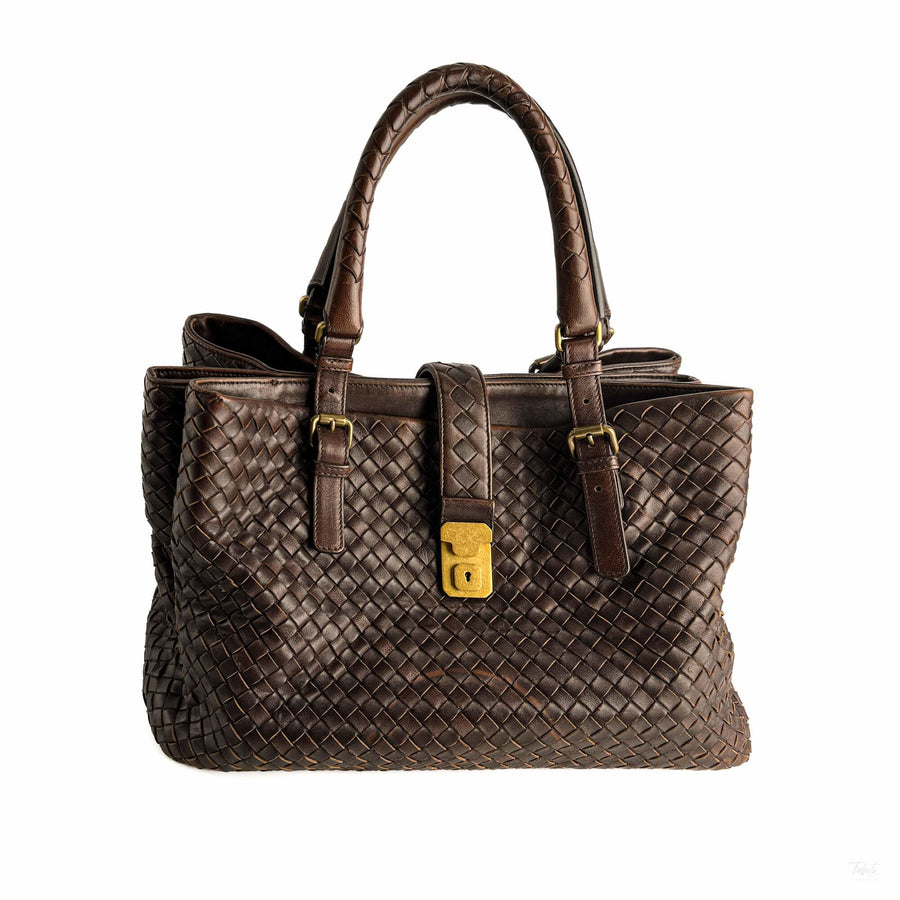 Second hand Bottega Veneta Tote Medium Nappa Leather Intrecciato Shoulder Bag Brown - Tabita Bags