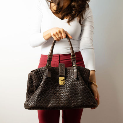 Second hand Bottega Veneta Tote Medium Nappa Leather Intrecciato Shoulder Bag Brown - Tabita Bags