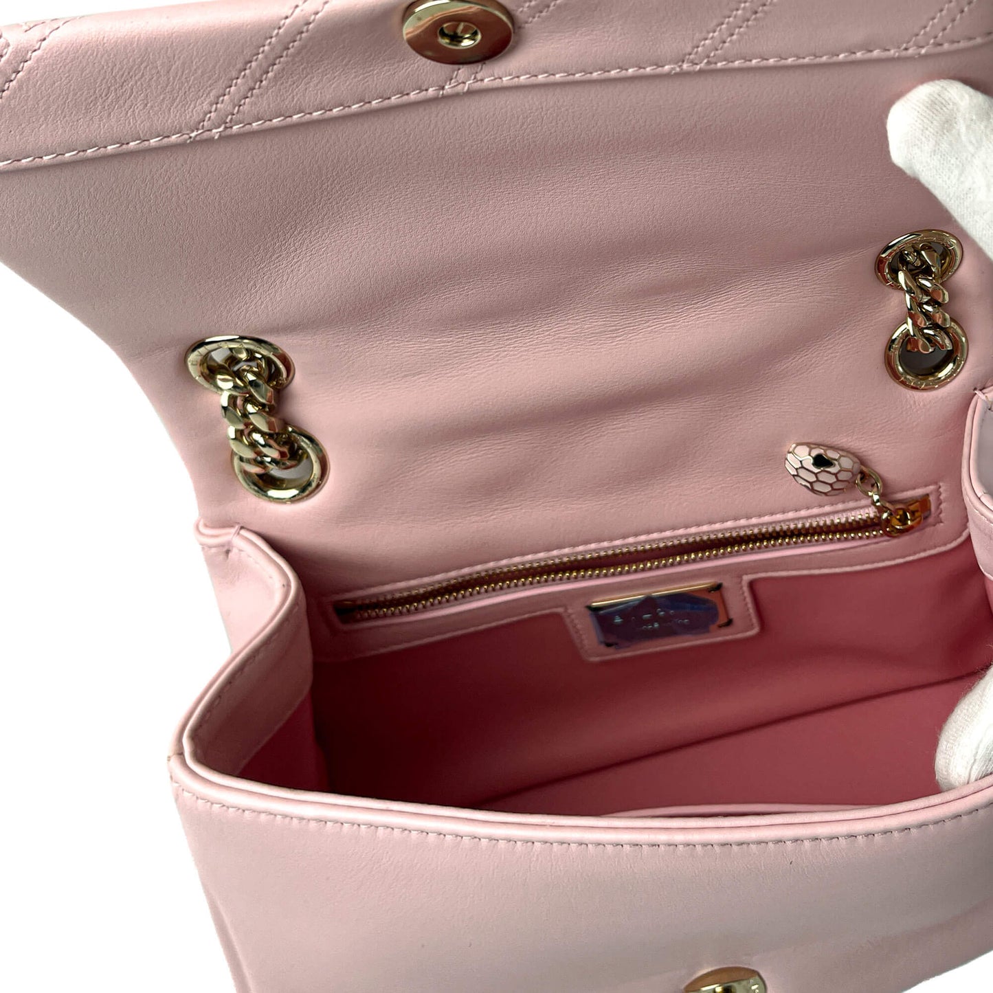Second hand Bulgari Serpenti Cabochon Mini Calfskin Leather Matelassé Flap Crossbody Pink - Tabita Bags