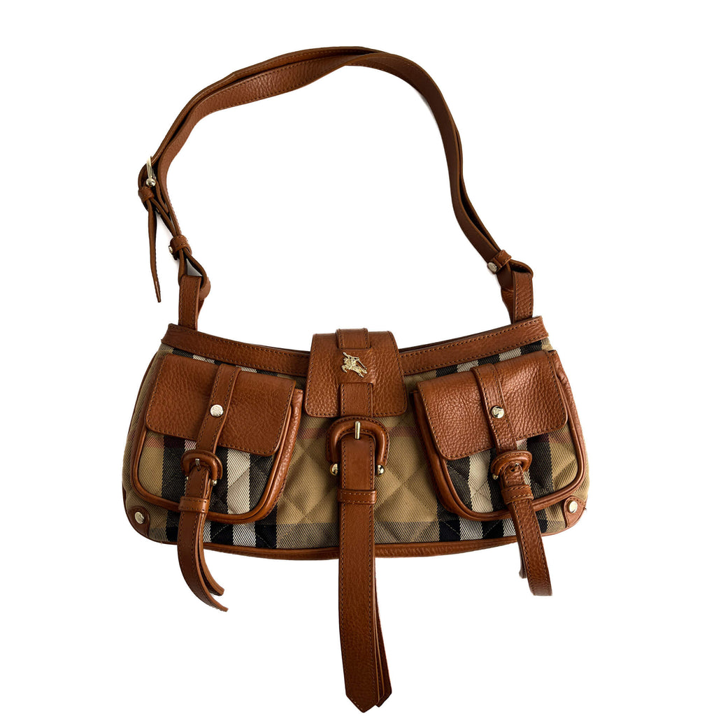 Second hand Burberry Satchel Canvas Check Shoulder Bag Caramel - Tabita Bags