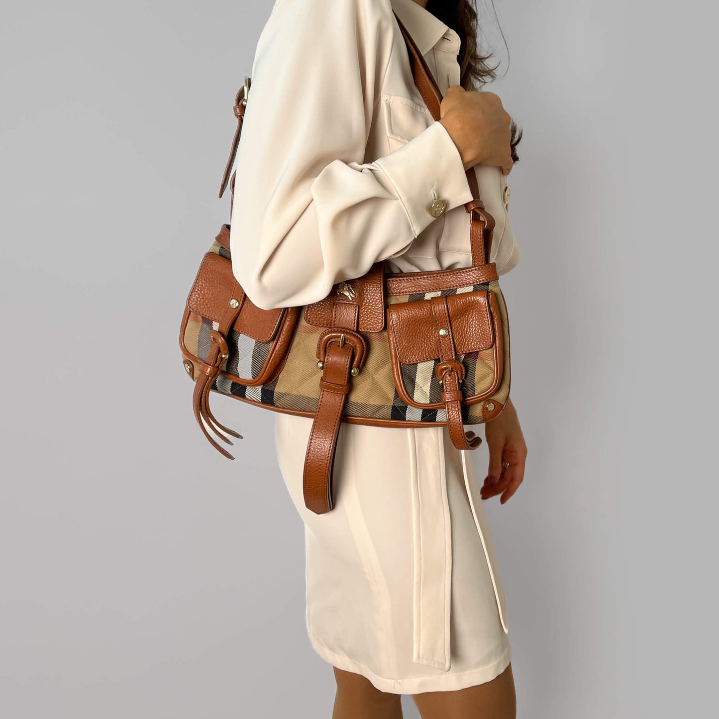 Second hand Burberry Satchel Canvas Check Shoulder Bag Caramel - Tabita Bags