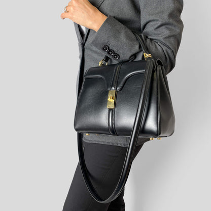 Second hand Céline 16 Seize Small Shiny Calfskin Leather Top - handle Handbag Black - Tabita Bags