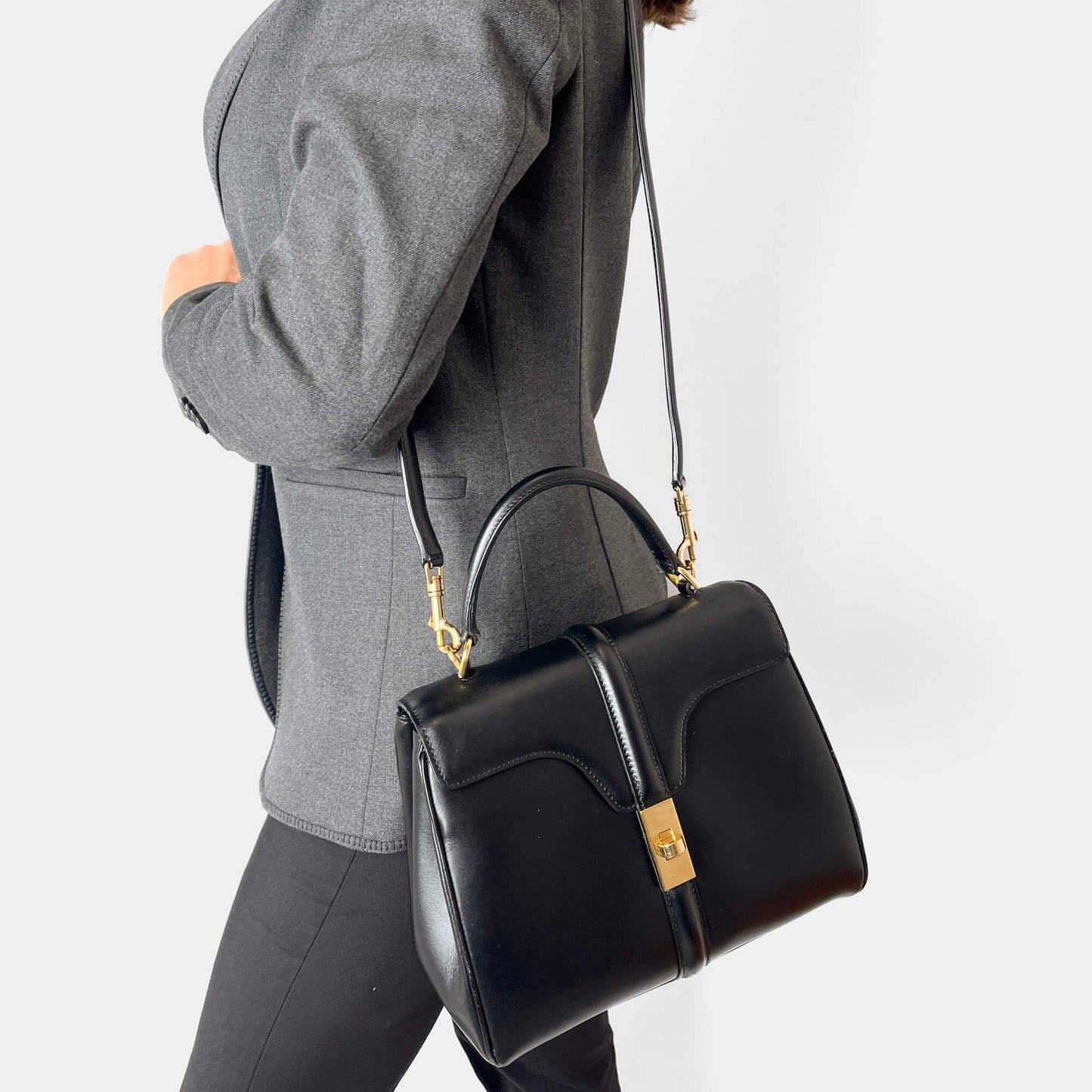 Second hand Céline 16 Seize Small Shiny Calfskin Leather Top - handle Handbag Black - Tabita Bags