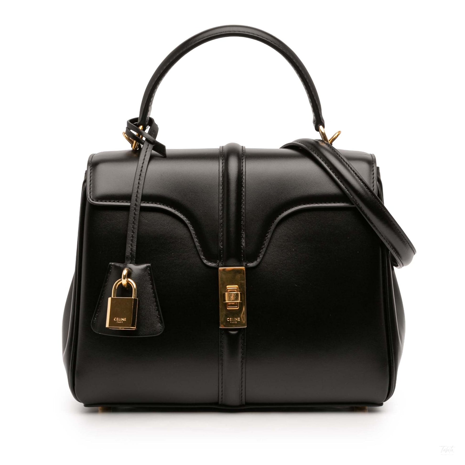 Second hand Céline 16 Small Shiny Calfskin Leather Top - handle Handbag Black - Tabita Bags
