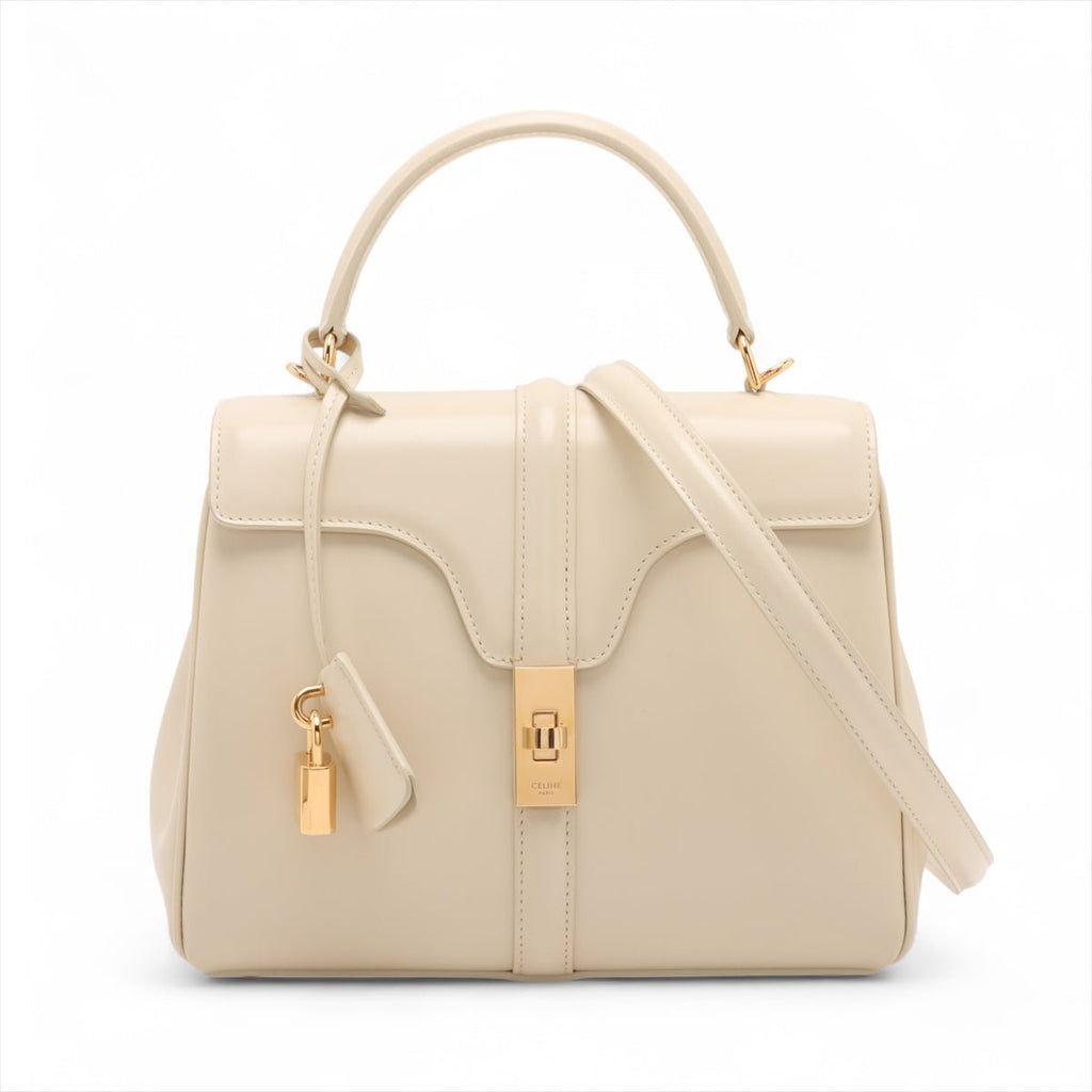 Second hand Céline 16 Small Shiny Calfskin Leather Top - Handle Handbag Rice - Tabita Bags