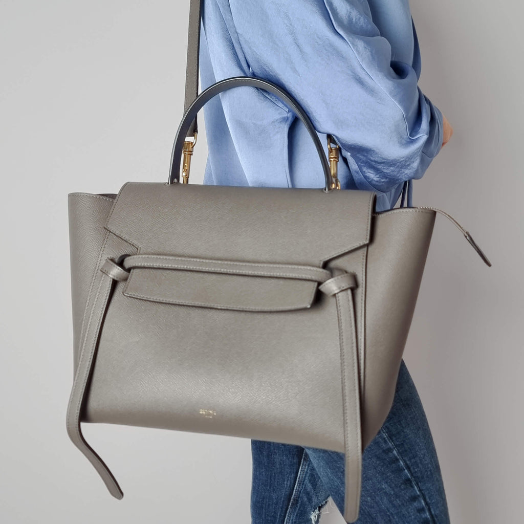 Second hand Céline Belt Bag Mini Grained Calfskin Leather 3 - Ways Tote Handbag Grey - Tabita Bags