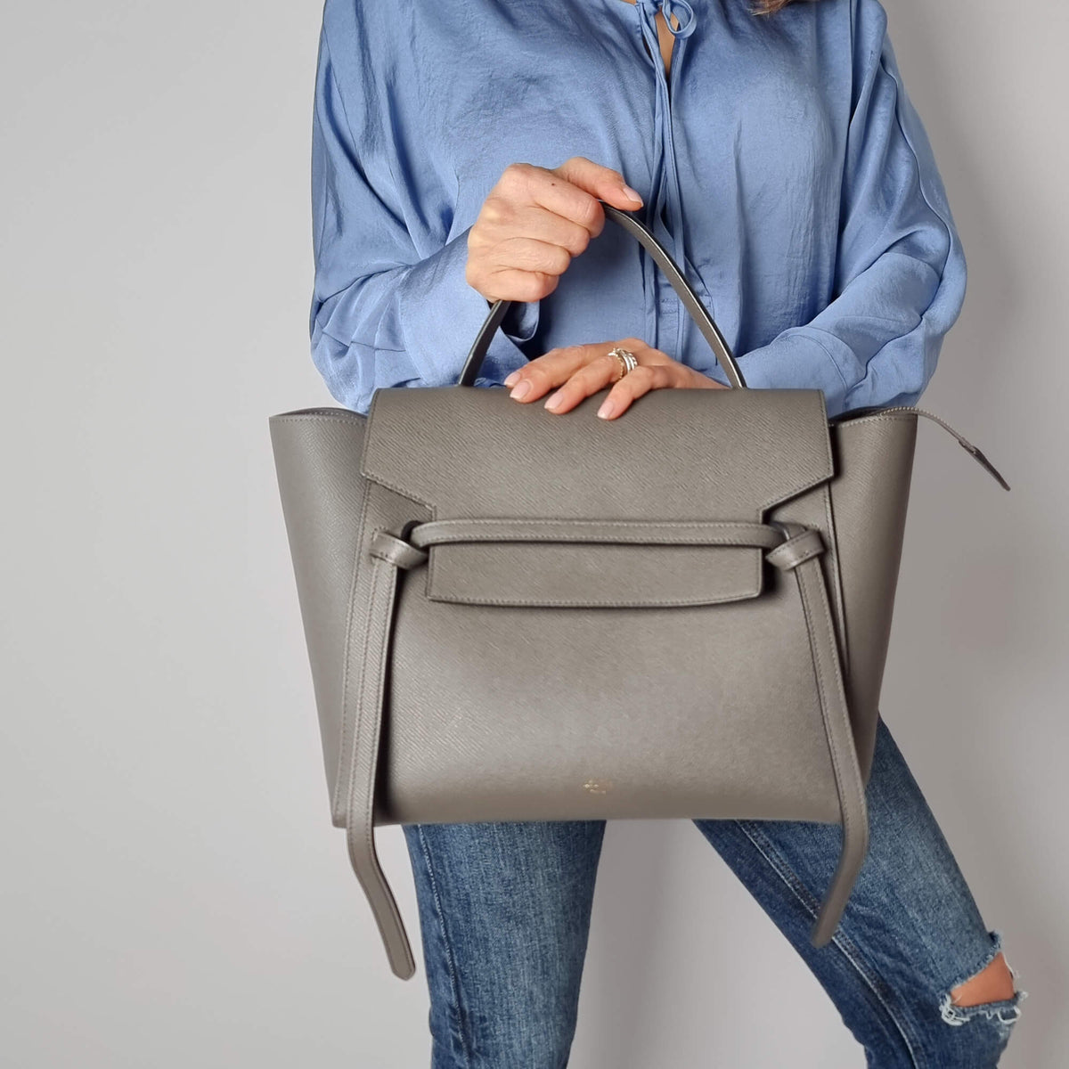 Second hand Céline Belt Bag Mini Grained Calfskin Leather 3 - Ways Tote Handbag Grey - Tabita Bags