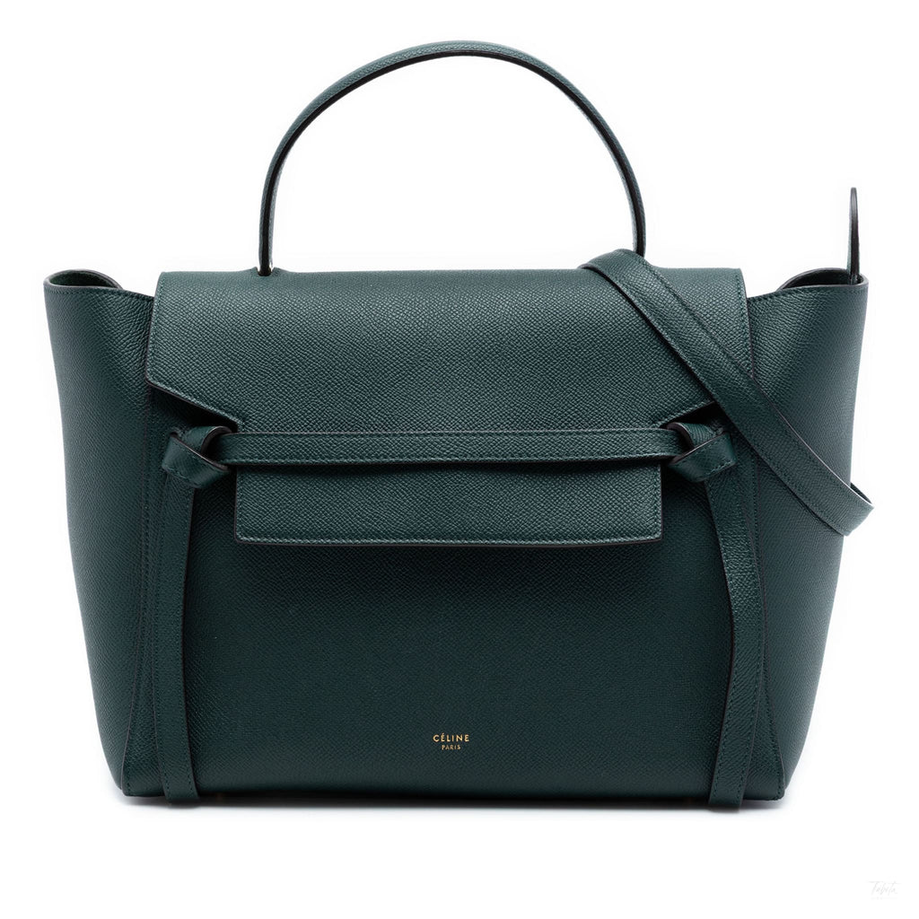 Second hand Céline Belt Bag Mini Grained Calfskin Leather Tote Handbag Green - Tabita Bags