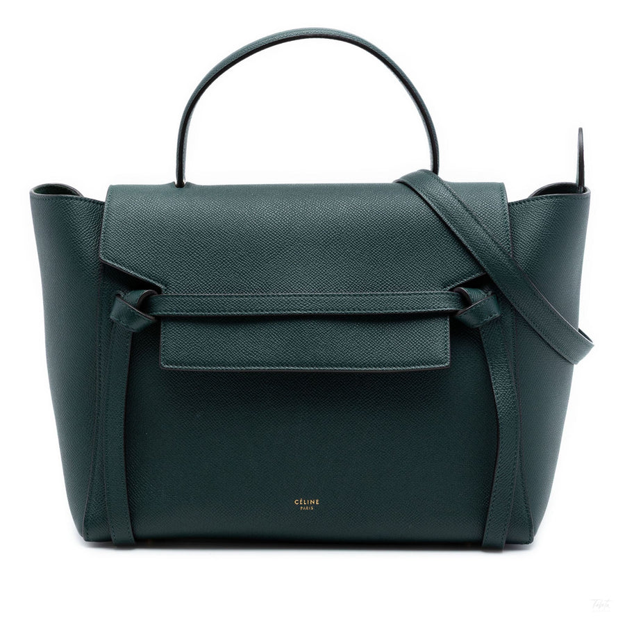 Second hand Céline Belt Bag Mini Grained Calfskin Leather Tote Handbag Green - Tabita Bags