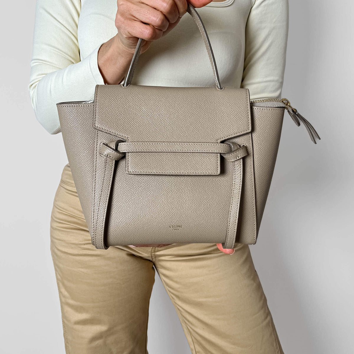 Second hand Céline Belt Bag Nano Grained Calfskin Leather 3 - Ways Tote Bag Beige - Tabita Bags
