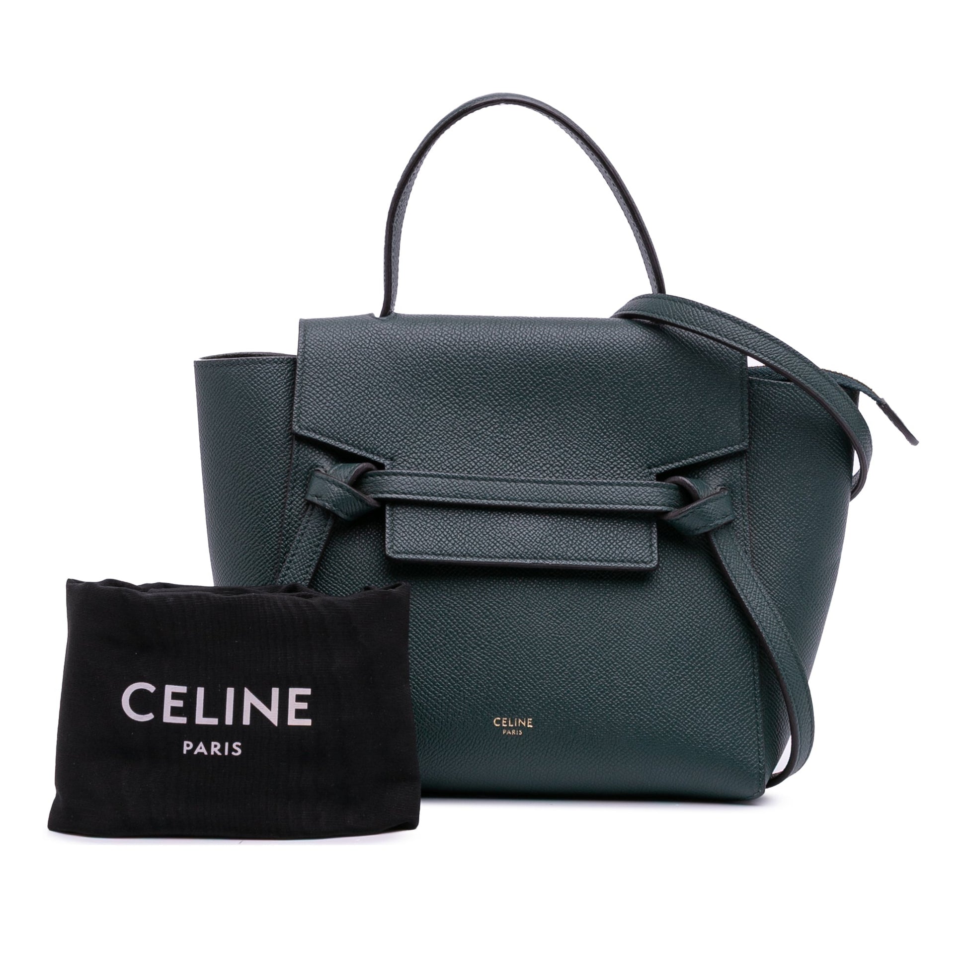Second hand Céline Belt Bag Nano Grained Calfskin Leather Tote Handbag Green - Tabita Bags