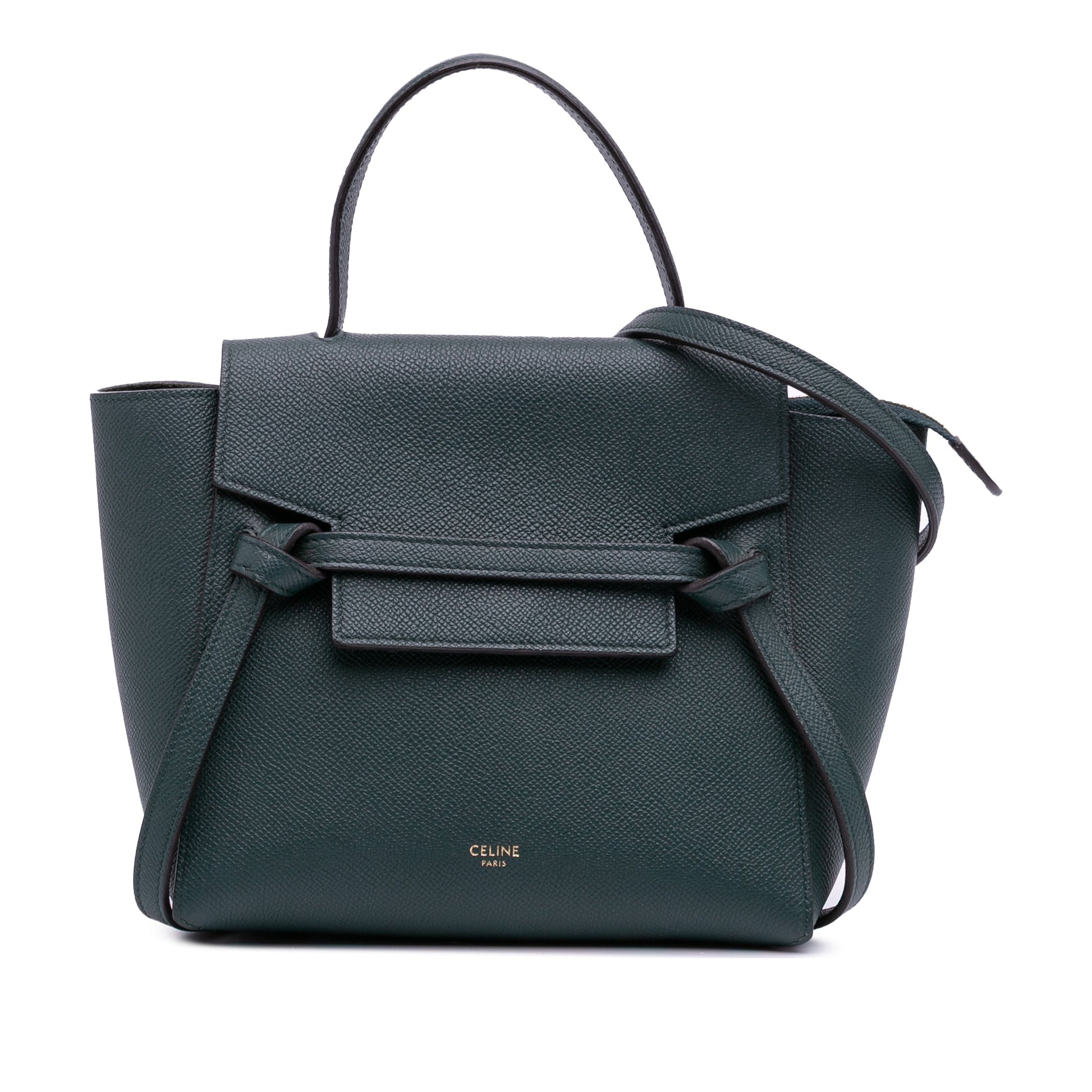 Second hand Céline Belt Bag Nano Grained Calfskin Leather Tote Handbag Green - Tabita Bags
