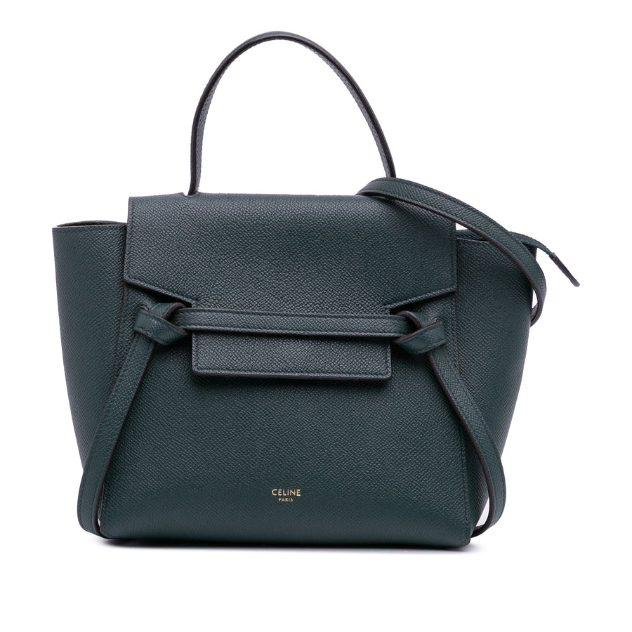 Second hand Céline Belt Bag Nano Grained Calfskin Leather Tote Handbag Green - Tabita Bags