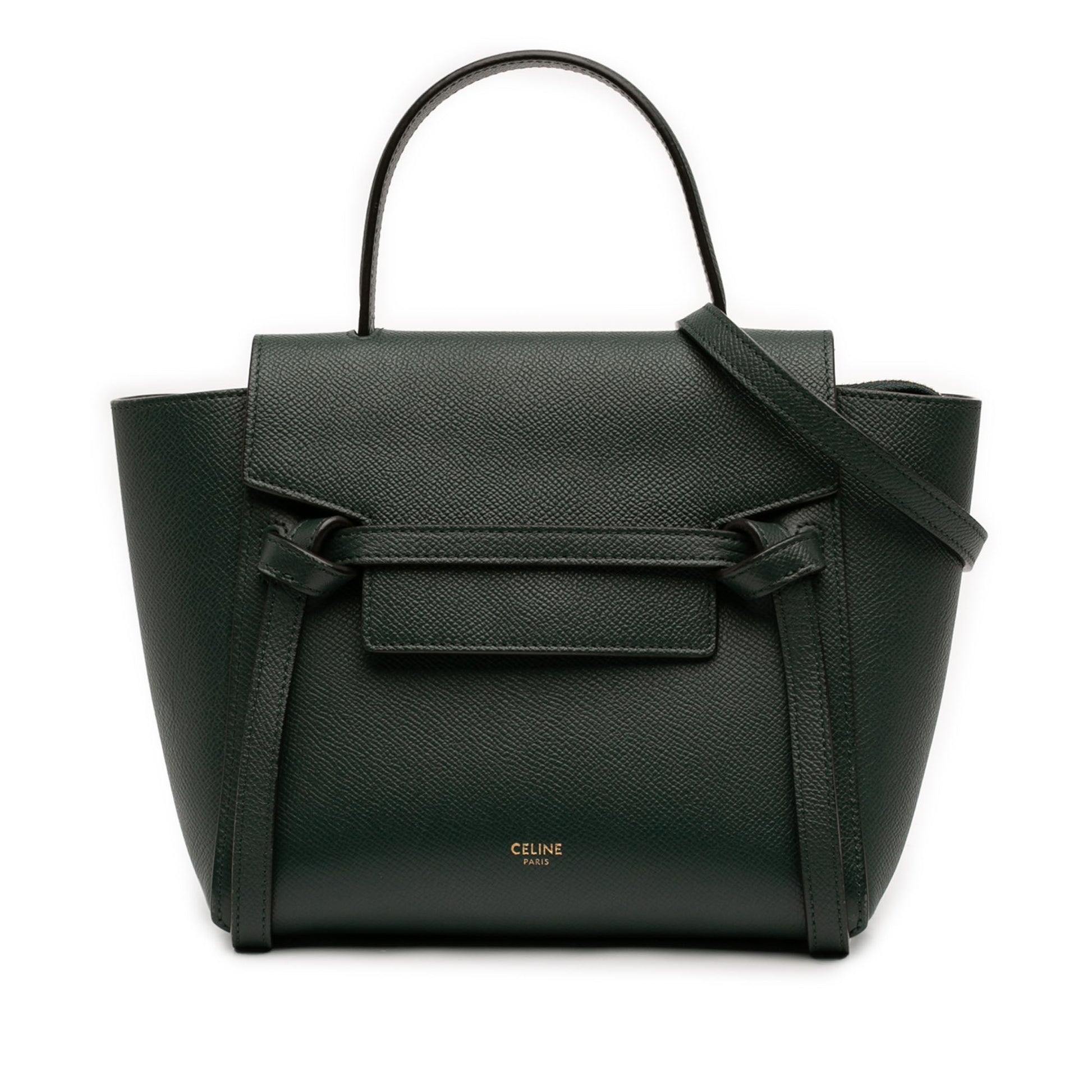 Second hand Céline Belt Bag Nano Grained Calfskin Leather Tote Handbag Green - Tabita Bags