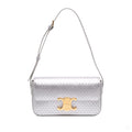 Second hand Céline Claude Laminated Calfskin Leather All Over Triomphe Flap Shoulder Bag Silver - Tabita Bags