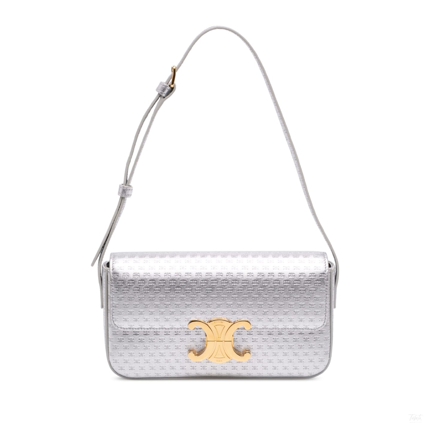 Second hand Céline Claude Laminated Calfskin Leather All Over Triomphe Flap Shoulder Bag Silver - Tabita Bags