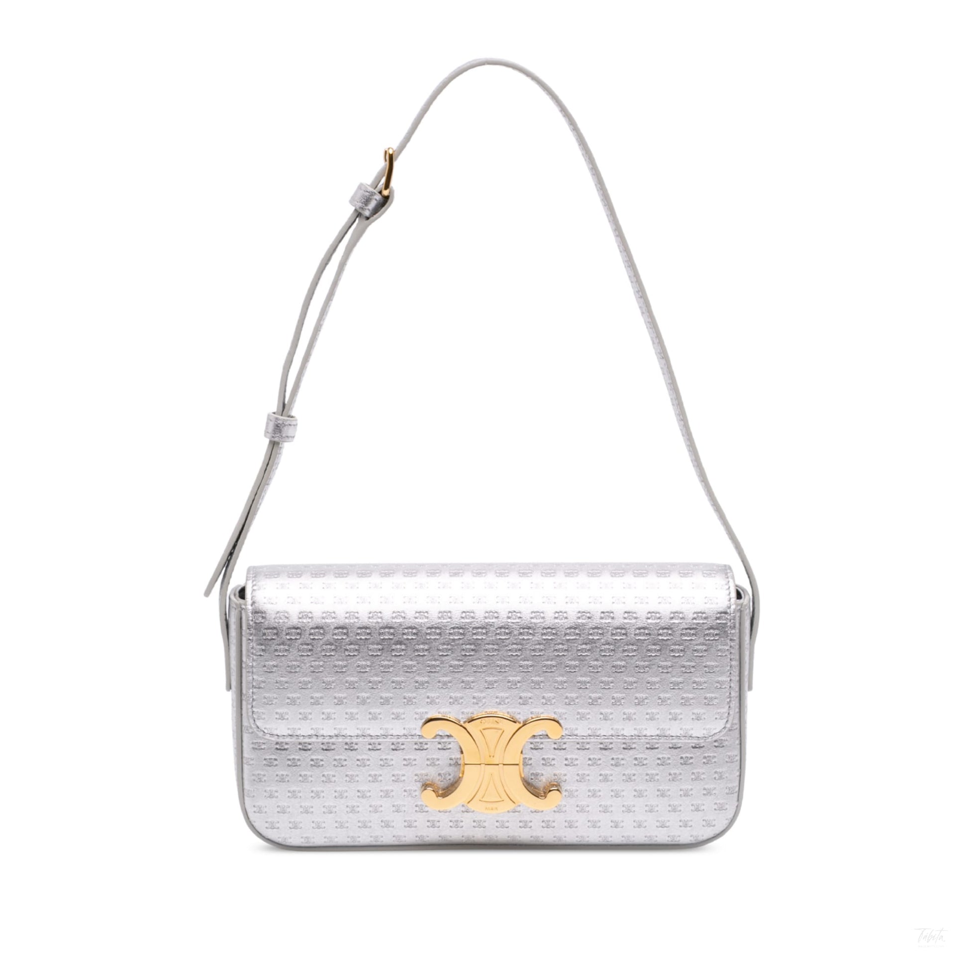 Second hand Céline Claude Laminated Calfskin Leather All Over Triomphe Flap Shoulder Bag Silver - Tabita Bags