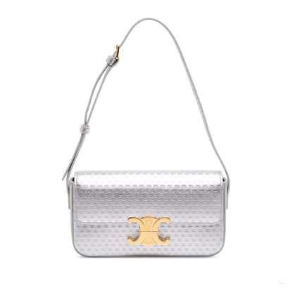 Second hand Céline Claude Laminated Calfskin Leather All Over Triomphe Flap Shoulder Bag Silver - Tabita Bags