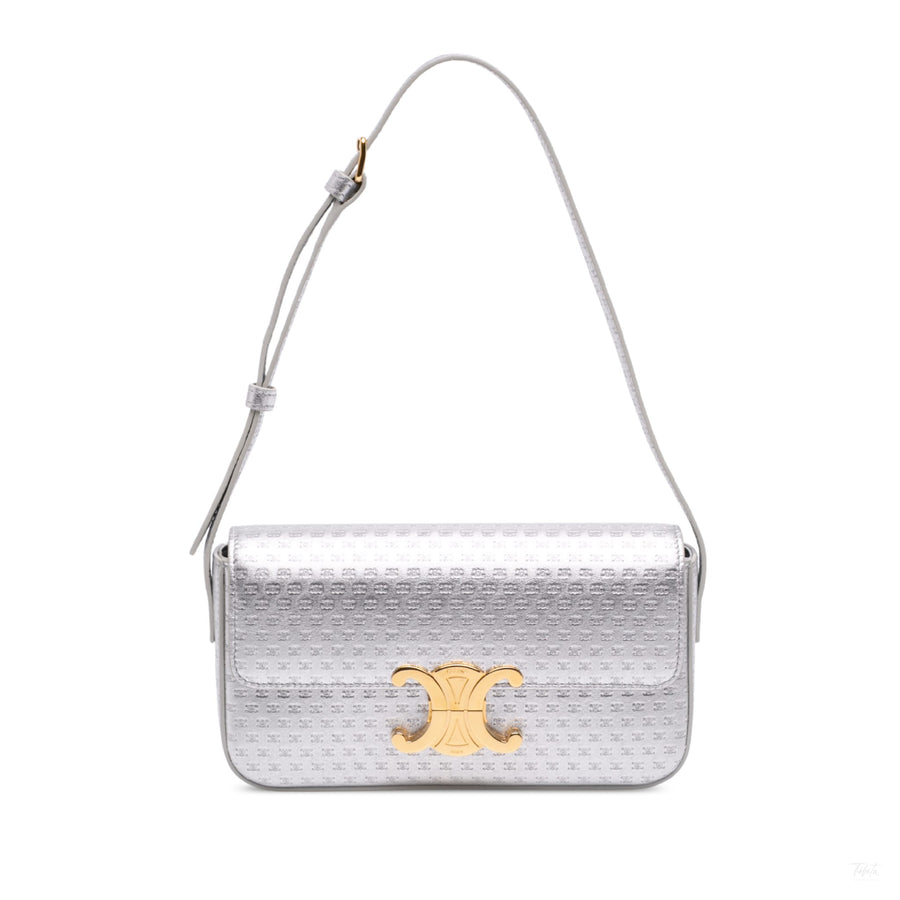 Second hand Céline Claude Laminated Calfskin Leather All Over Triomphe Flap Shoulder Bag Silver - Tabita Bags