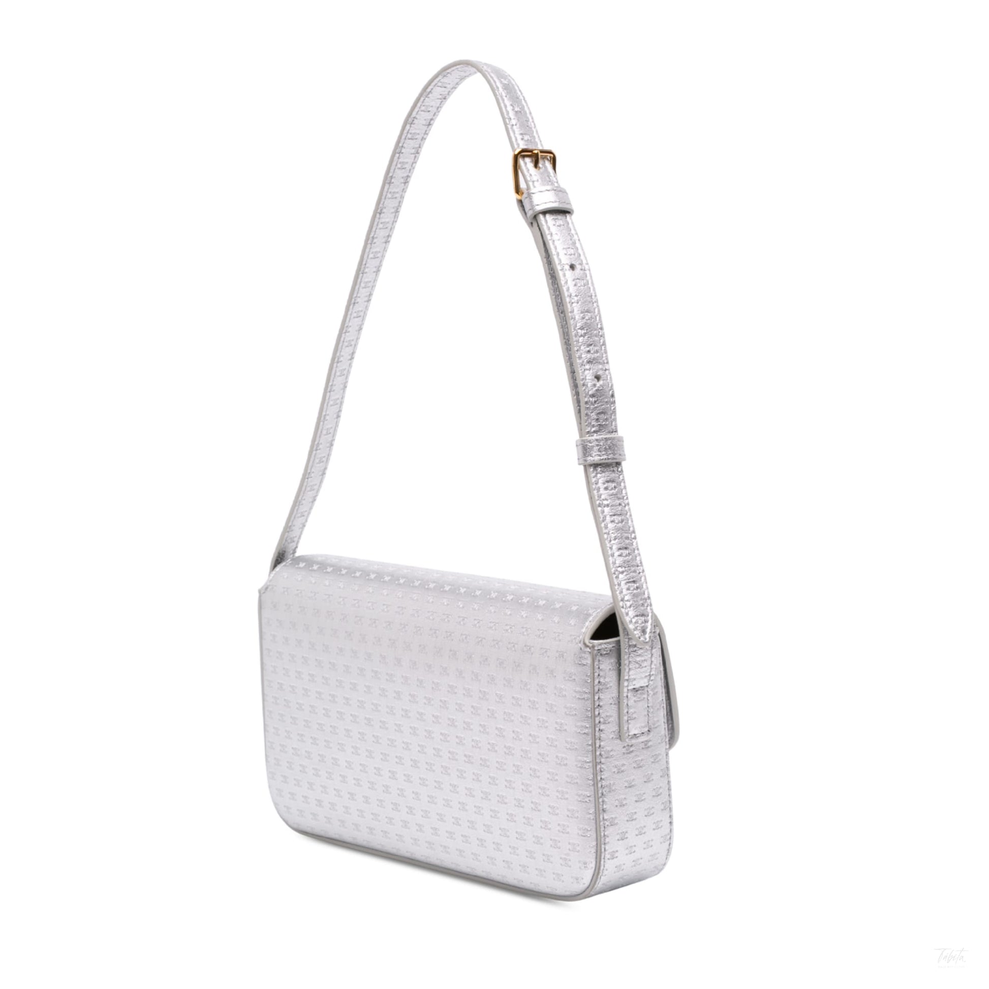 Second hand Céline Claude Laminated Calfskin Leather All Over Triomphe Flap Shoulder Bag Silver - Tabita Bags