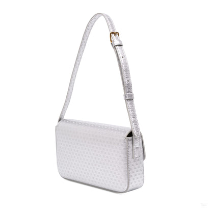 Second hand Céline Claude Laminated Calfskin Leather All Over Triomphe Flap Shoulder Bag Silver - Tabita Bags