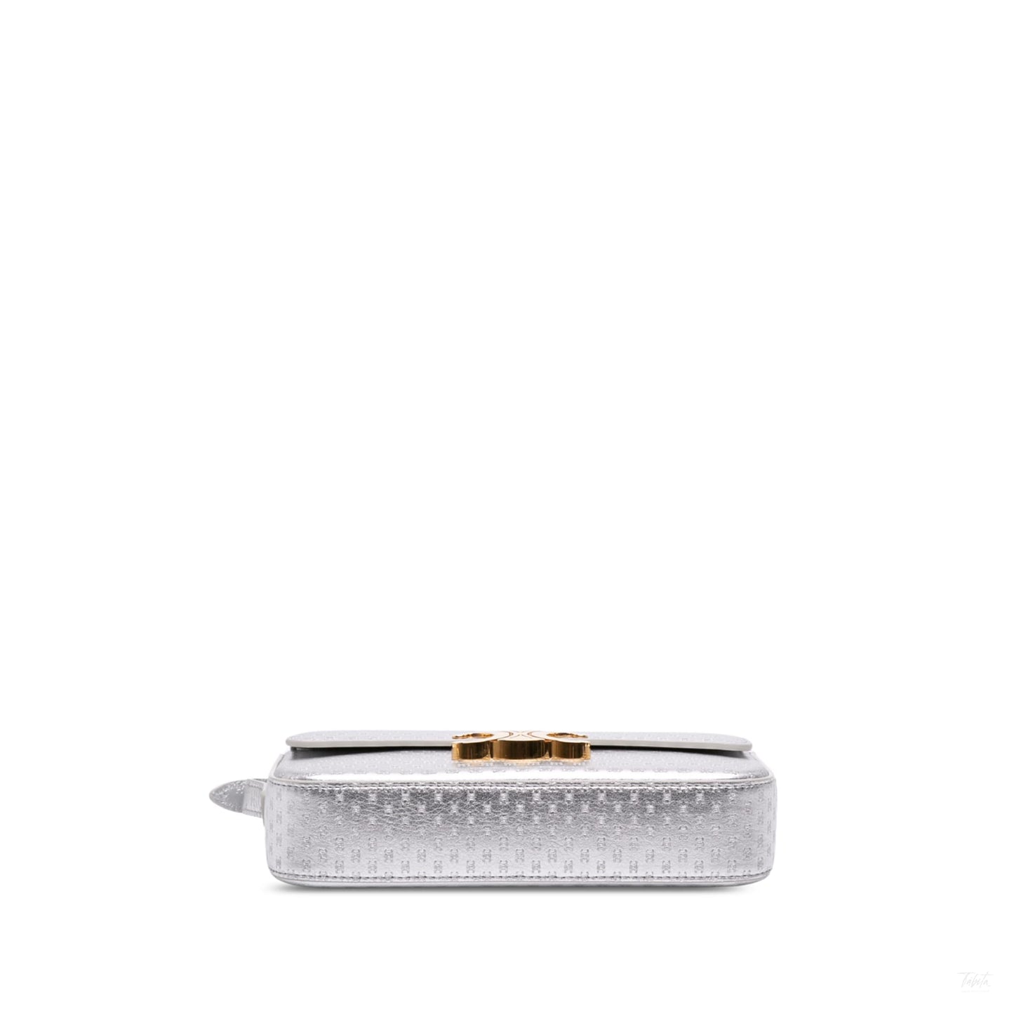 Second hand Céline Claude Laminated Calfskin Leather All Over Triomphe Flap Shoulder Bag Silver - Tabita Bags