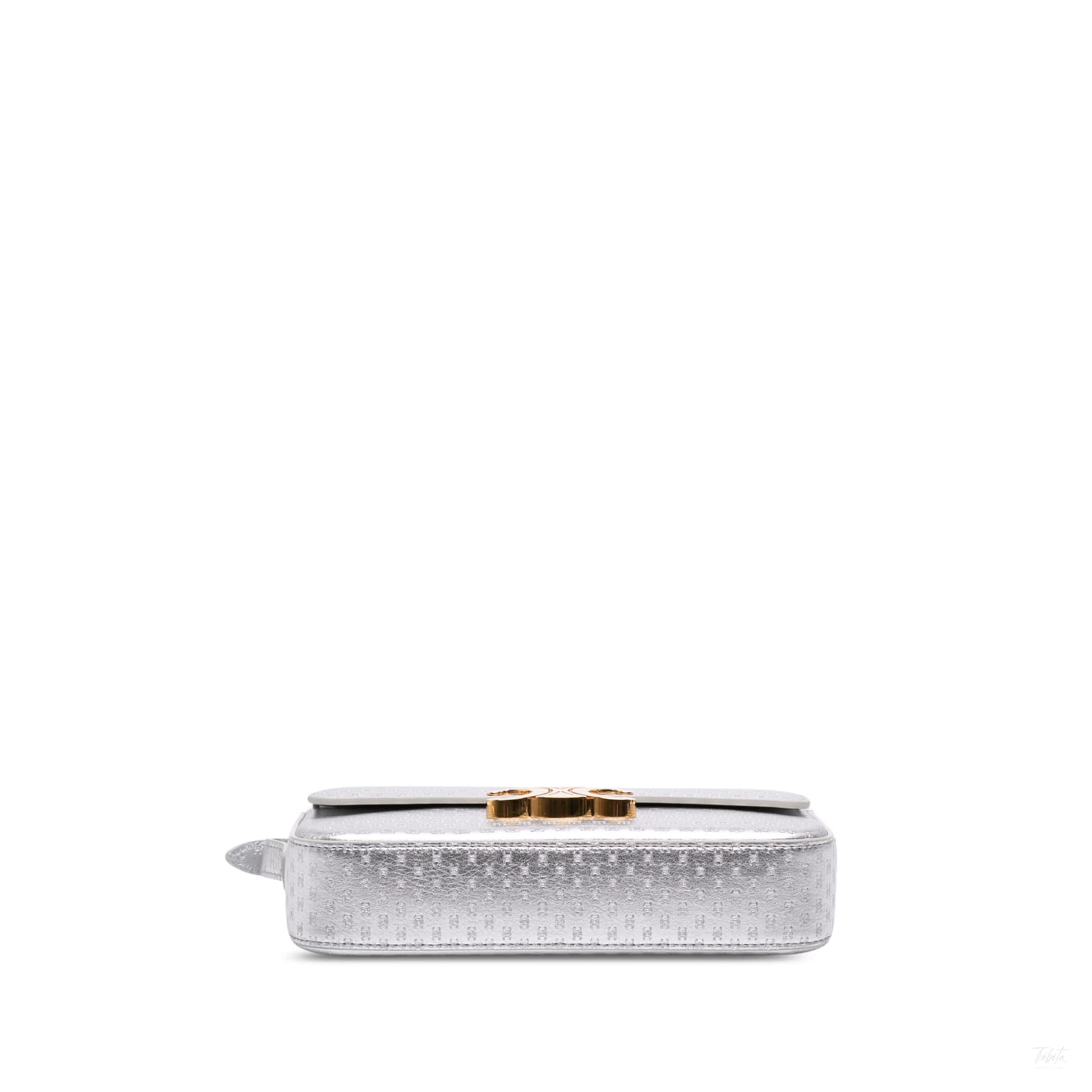 Second hand Céline Claude Laminated Calfskin Leather All Over Triomphe Flap Shoulder Bag Silver - Tabita Bags