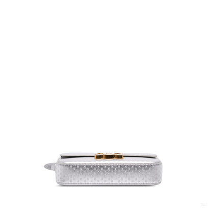 Second hand Céline Claude Laminated Calfskin Leather All Over Triomphe Flap Shoulder Bag Silver - Tabita Bags