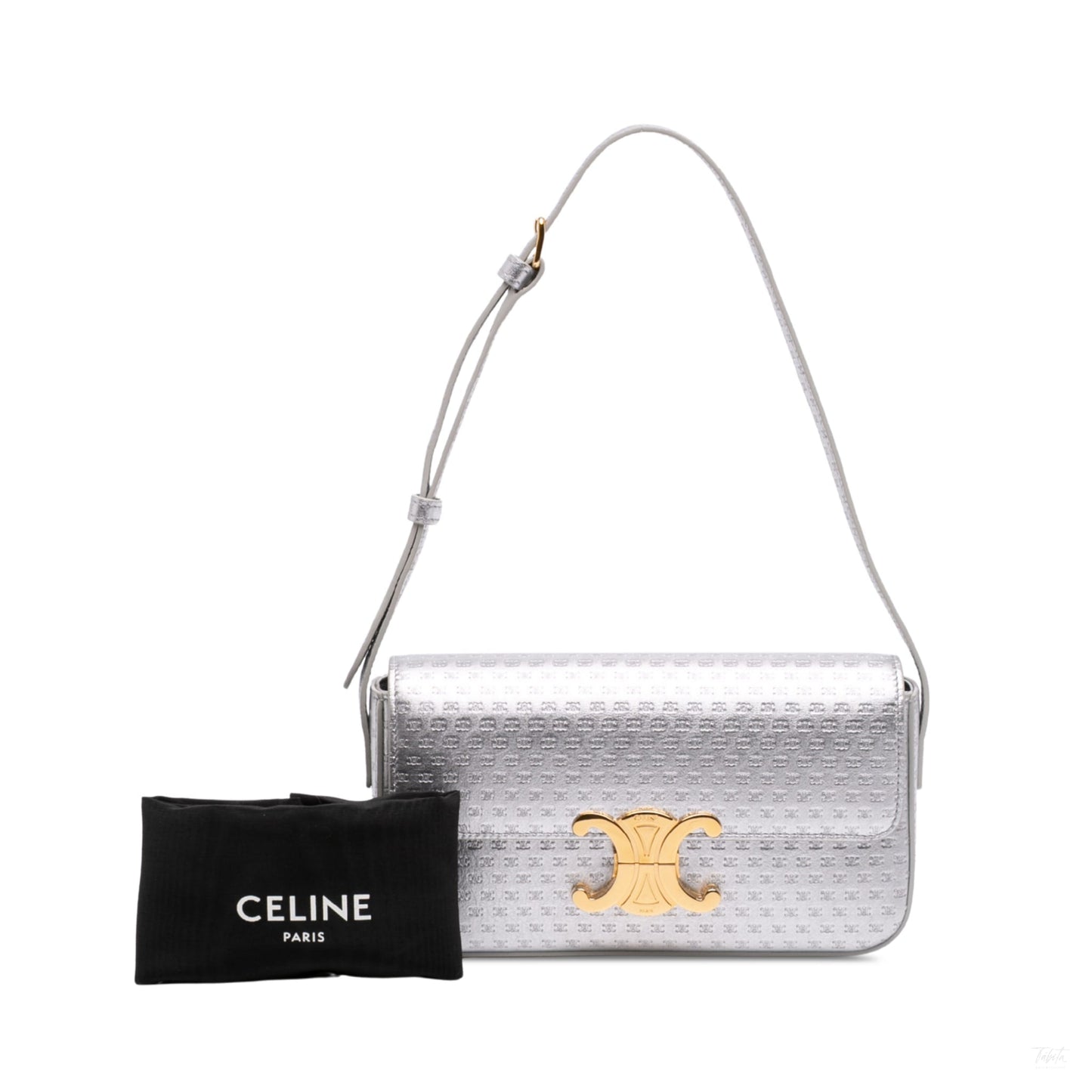 Second hand Céline Claude Laminated Calfskin Leather All Over Triomphe Flap Shoulder Bag Silver - Tabita Bags