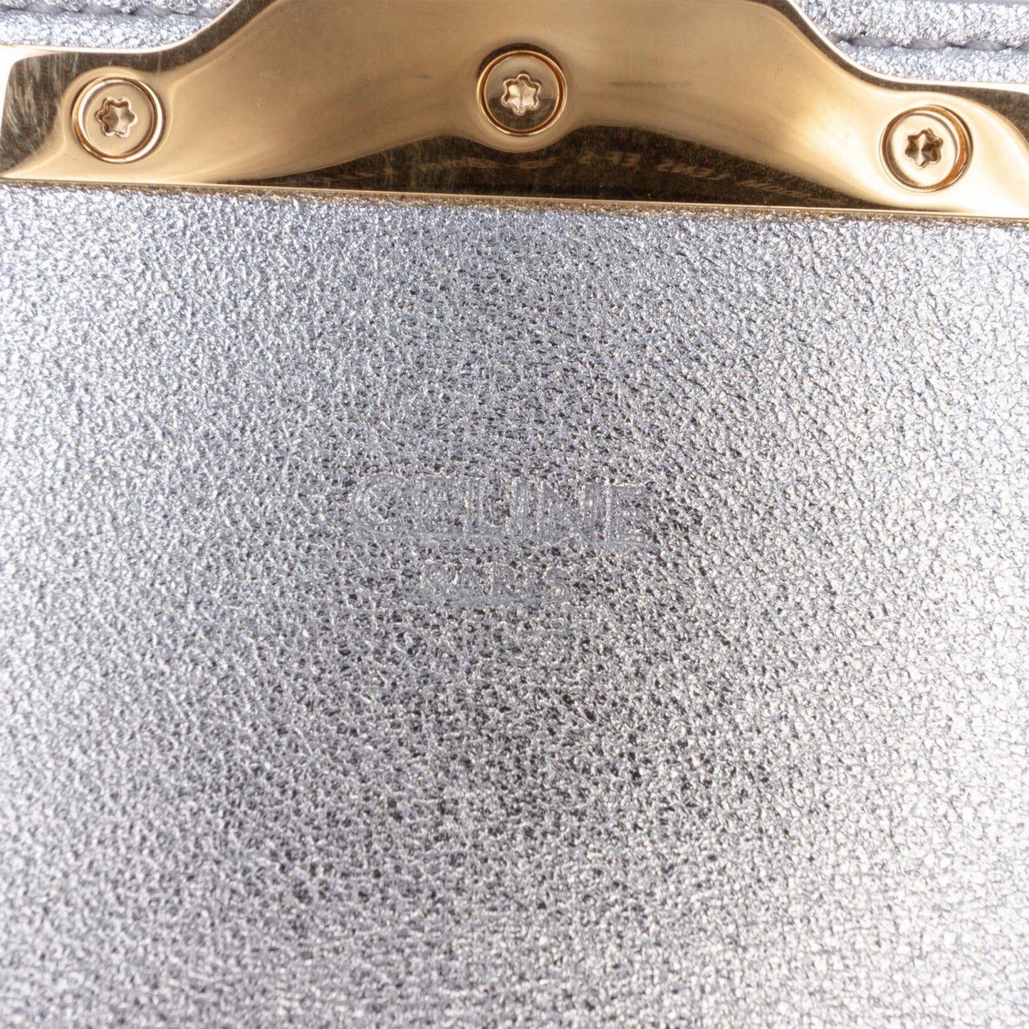 Second hand Céline Claude Laminated Calfskin Leather All Over Triomphe Flap Shoulder Bag Silver - Tabita Bags