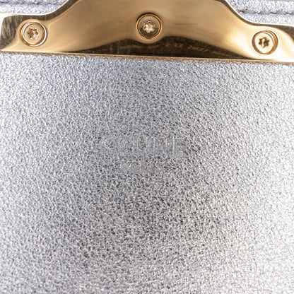 Second hand Céline Claude Laminated Calfskin Leather All Over Triomphe Flap Shoulder Bag Silver - Tabita Bags