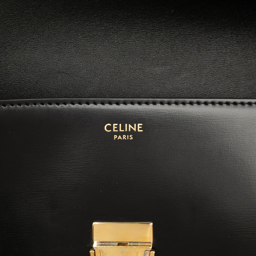 Second hand Céline Claude Shiny Calfskin Leather Triomphe Flap Shoulder Bag Black - Tabita Bags