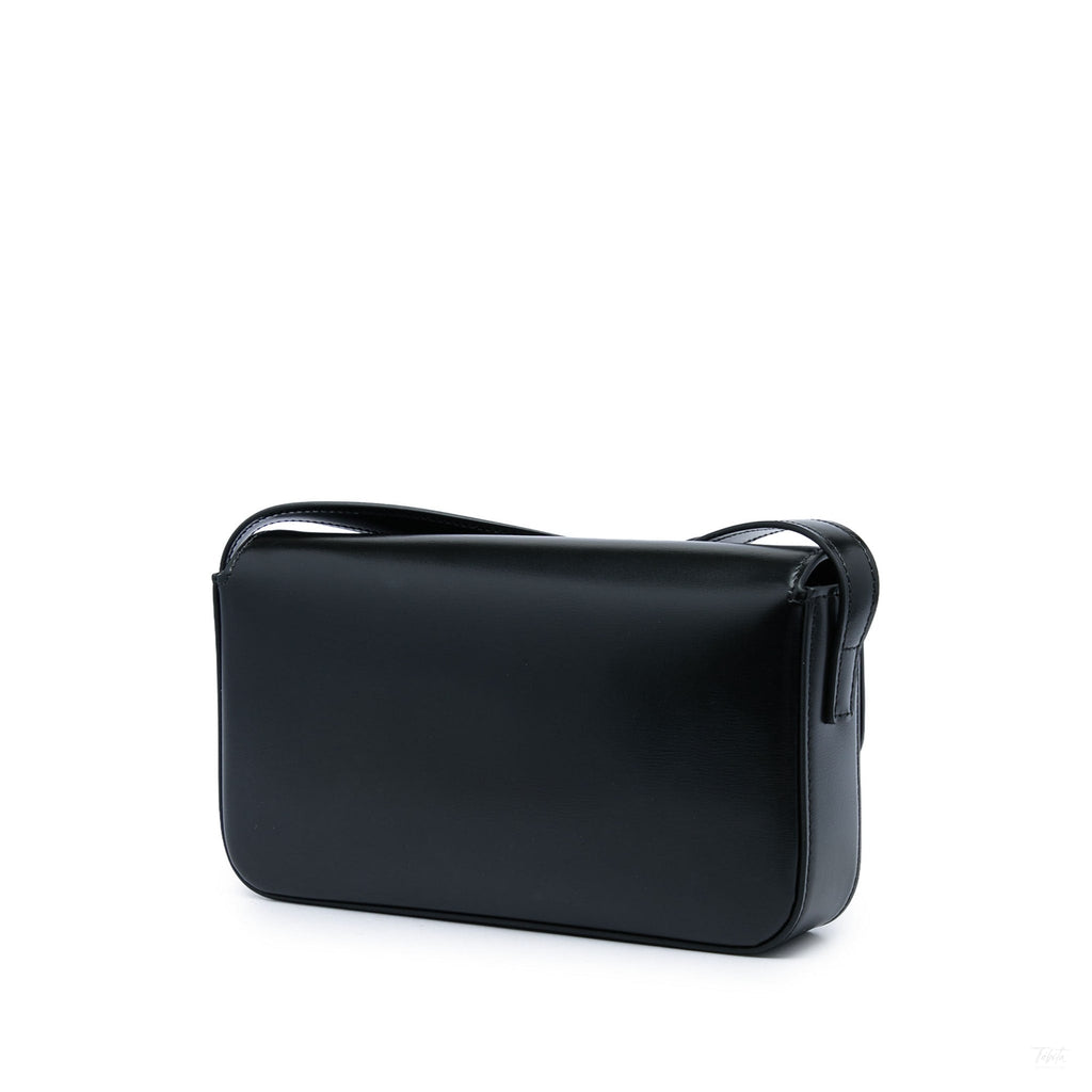 Second hand Céline Claude Shiny Calfskin Leather Triomphe Flap Shoulder Bag Black - Tabita Bags