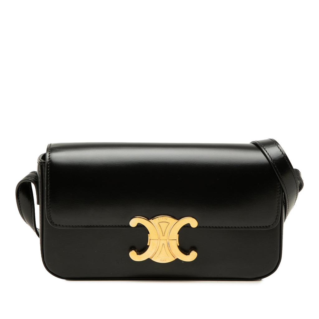 Second hand Céline Claude Shiny Calfskin Leather Triomphe Flap Shoulder Bag Black - Tabita Bags