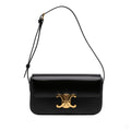Second hand Céline Claude Shiny Calfskin Leather Triomphe Flap Shoulder Bag Black - Tabita Bags