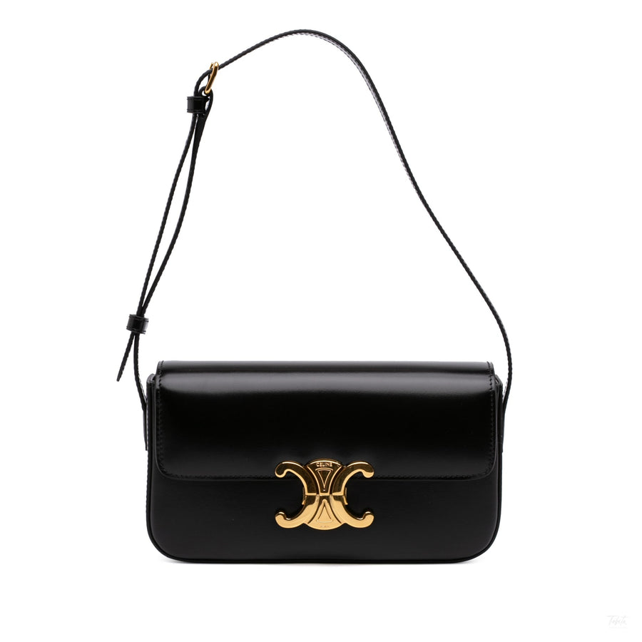 Second hand Céline Claude Shiny Calfskin Leather Triomphe Flap Shoulder Bag Black - Tabita Bags