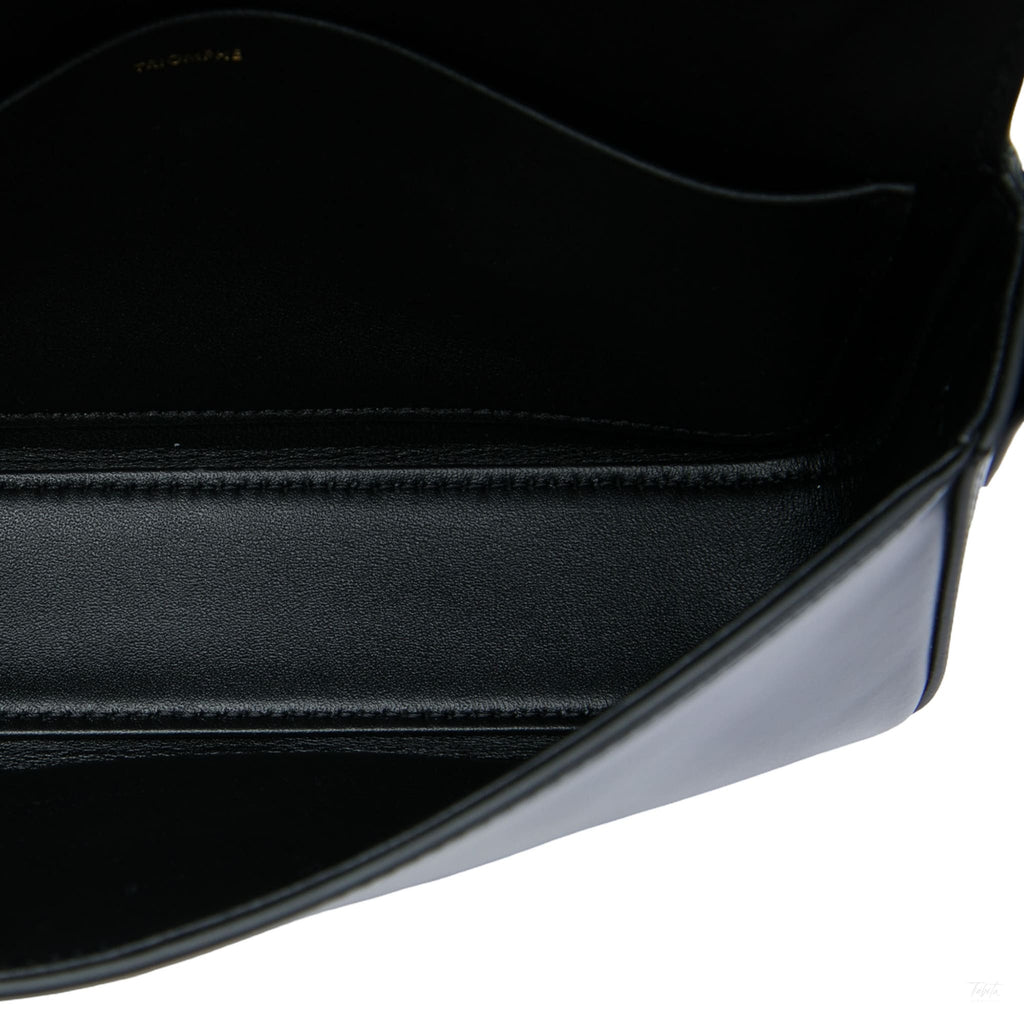 Second hand Céline Claude Shiny Calfskin Leather Triomphe Flap Shoulder Bag Black - Tabita Bags