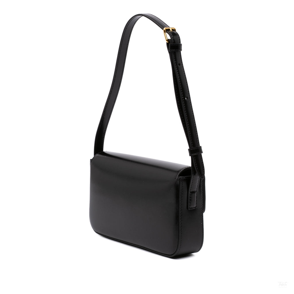 Second hand Céline Claude Shiny Calfskin Leather Triomphe Flap Shoulder Bag Black - Tabita Bags