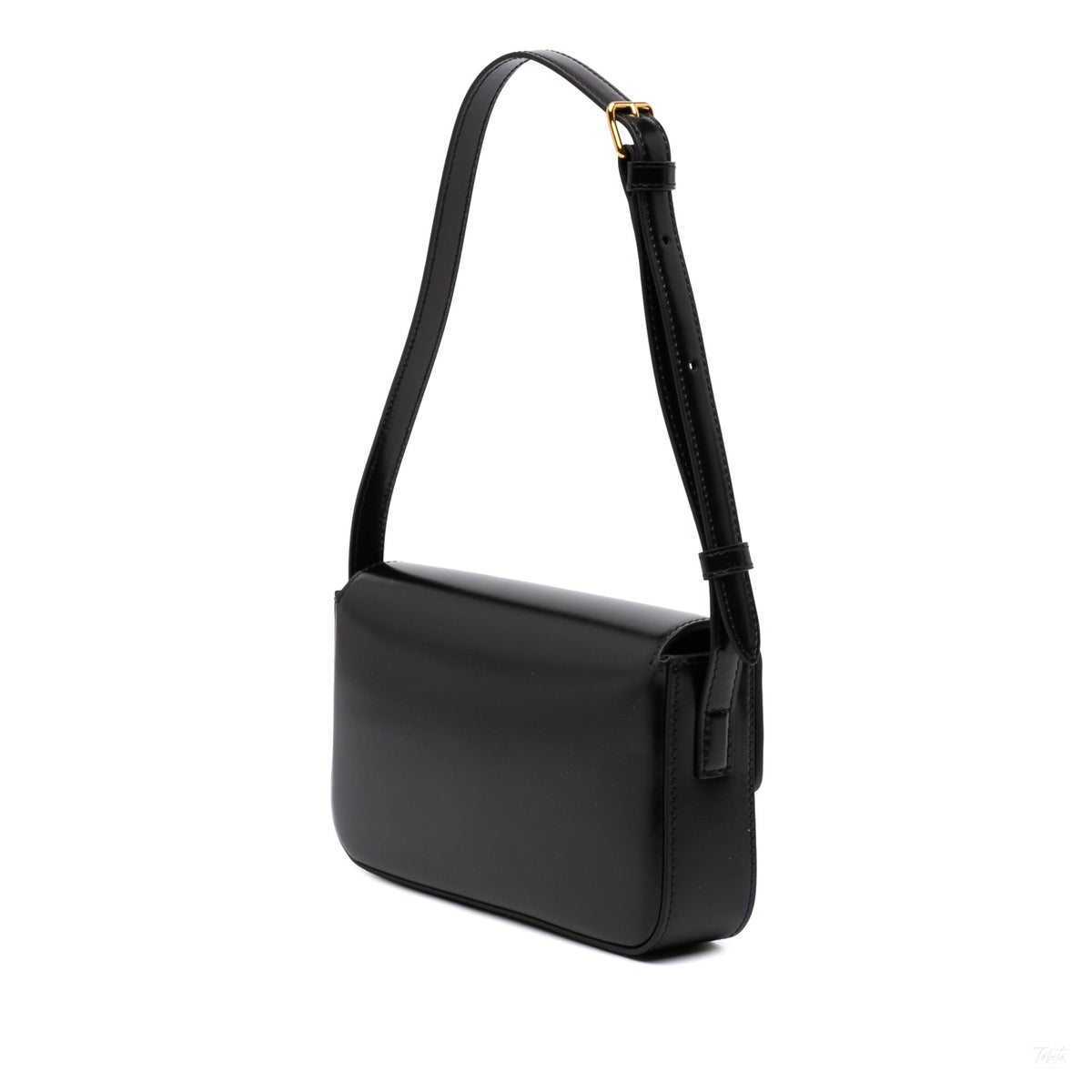 Second hand Céline Claude Shiny Calfskin Leather Triomphe Flap Shoulder Bag Black - Tabita Bags